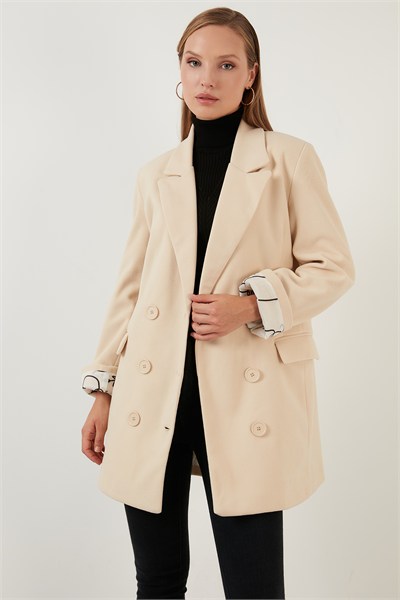 Oversize Çift Düğmeli Cepli Uzun Kadın Kaban 6230058 TAŞ