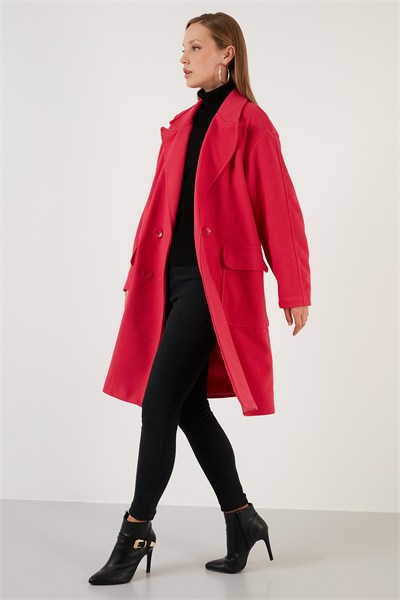 Oversize Çift Düğmeli Kruvaze Yaka Uzun Kadın Kaban 6230043 FUŞYA