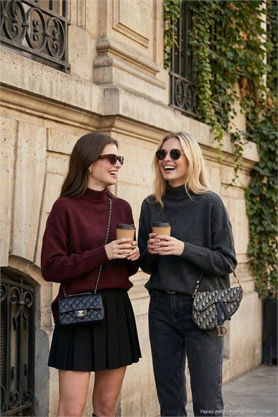 Oversize Fit Balıkçı Yaka Yumuşak Dokulu 2li Paket Triko Kadın Kazak 680KZ00469S2 ANTRASİT-BORDO