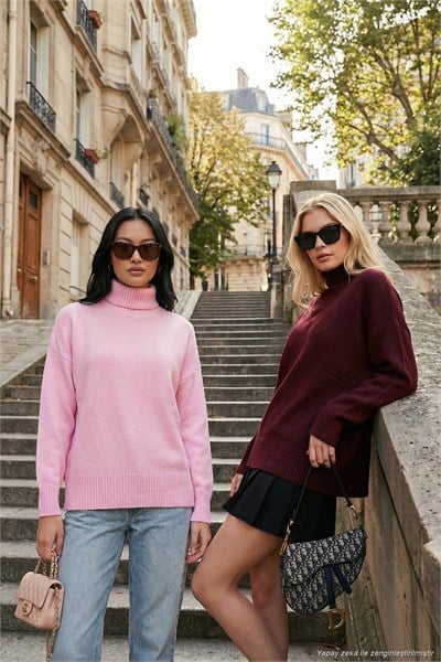 Oversize Fit Balıkçı Yaka Yumuşak Dokulu 2li Paket Triko Kadın Kazak 680KZ00469S2 Bordo-Şeker Pembe