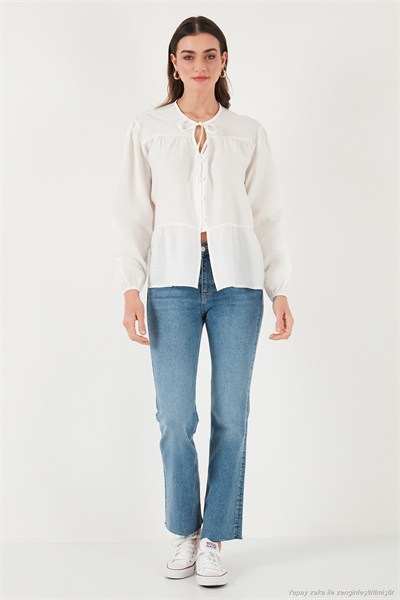 Oversize Fit Balon Kol Bağlamalı Yaka Detaylı Kadın Gömlek 6772618 BEYAZ