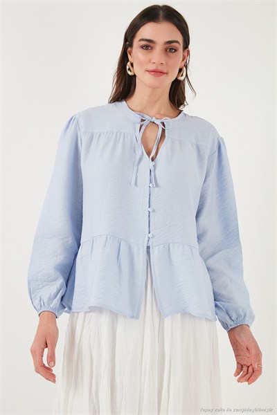 Oversize Fit Balon Kol Bağlamalı Yaka Detaylı Kadın Gömlek 6772618 BEBE MAVİ