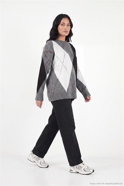 Oversize Fit Bisiklet Yaka Baklava Desenli Kadın Kazak 4615578 ANTRASİT