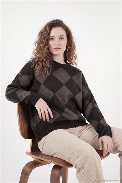 Oversize Fit Bisiklet Yaka Baklava Desenli Kadın Kazak 4615579 KAHVE