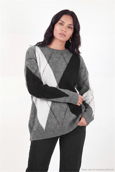 Oversize Fit Bisiklet Yaka Baklava Desenli Kadın Kazak 4615578 ANTRASİT