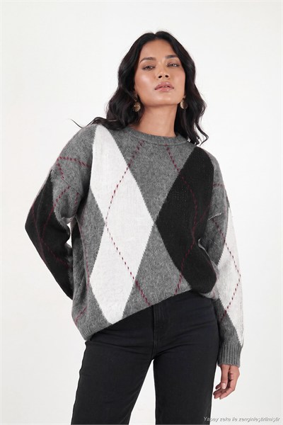 Oversize Fit Bisiklet Yaka Baklava Desenli Kadın Kazak 4615578 ANTRASİT