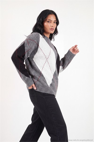 Oversize Fit Bisiklet Yaka Baklava Desenli Kadın Kazak 4615578 ANTRASİT