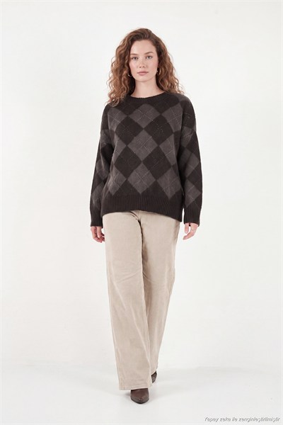 Oversize Fit Bisiklet Yaka Baklava Desenli Kadın Kazak 4615579 KAHVE