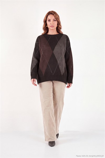 Oversize Fit Bisiklet Yaka Baklava Desenli Kadın Kazak 4615578 KAHVE