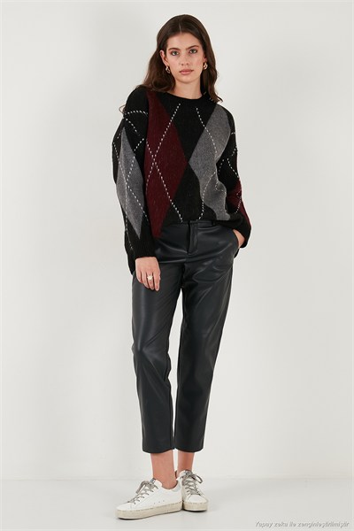 Oversize Fit Bisiklet Yaka Baklava Desenli Kadın Kazak 4615578 SİYAH