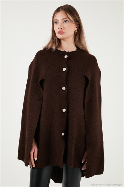 Oversize Fit Bisiklet Yaka Pelerin Kol Düğmeli Kadın Panço 4617015 KAHVE