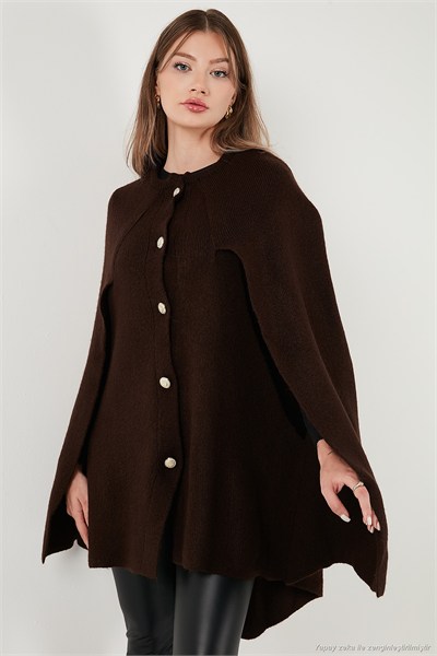Oversize Fit Bisiklet Yaka Pelerin Kol Düğmeli Kadın Panço 4617015 KAHVE