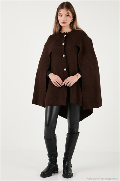 Oversize Fit Bisiklet Yaka Pelerin Kol Düğmeli Kadın Panço 4617015 KAHVE