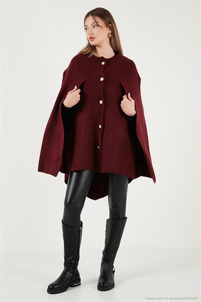 Oversize Fit Bisiklet Yaka Pelerin Kol Düğmeli Kadın Panço 4617015 BORDO