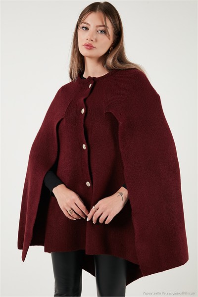 Oversize Fit Bisiklet Yaka Pelerin Kol Düğmeli Kadın Panço 4617015 BORDO