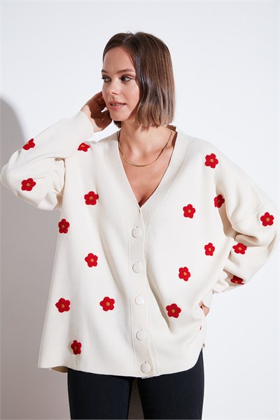 Oversize Fit Çiçekli Düğmeli V Yaka Soft Akrilik Kadın Hırka 4616192 KREM
