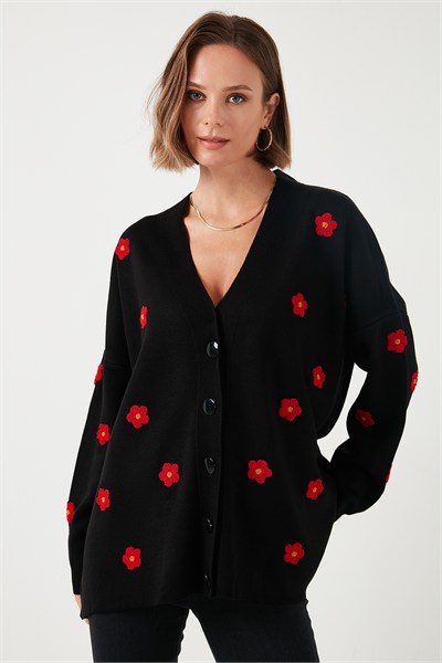 Oversize Fit Çiçekli Düğmeli V Yaka Soft Akrilik Kadın Hırka 4616192 SİYAH