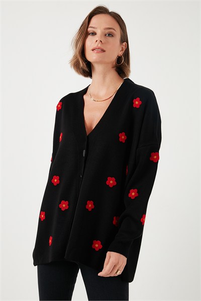Oversize Fit Çiçekli Düğmeli V Yaka Soft Akrilik Kadın Hırka 4616192 SİYAH