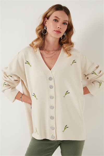 Oversize Fit Desenli V Yaka Triko Kadın Hırka 4616193 KREM