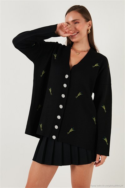 Oversize Fit Desenli V Yaka Triko Kadın Hırka 4616193 SİYAH