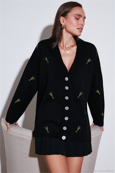 Oversize Fit Desenli V Yaka Triko Kadın Hırka 4616193 SİYAH