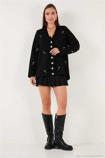 Oversize Fit Desenli V Yaka Triko Kadın Hırka 4616193 SİYAH