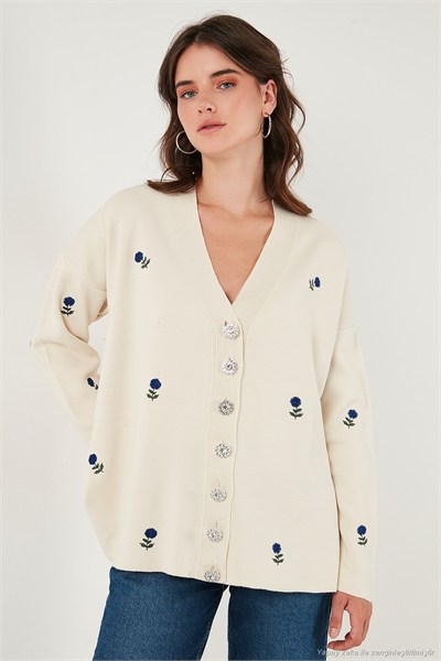 Oversize Fit Desenli V Yaka Triko Kadın Hırka 4616193 Krem-Saks