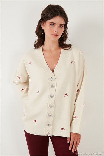 Oversize Fit Desenli V Yaka Triko Kadın Hırka 4616193 Krem-Kırmızı