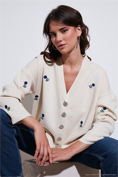 Oversize Fit Desenli V Yaka Triko Kadın Hırka 4616193 Krem-Saks
