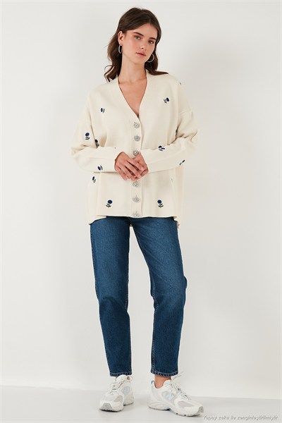 Oversize Fit Desenli V Yaka Triko Kadın Hırka 4616193 Krem-Saks