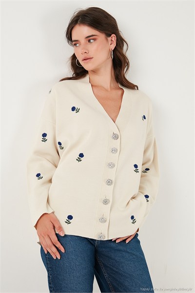Oversize Fit Desenli V Yaka Triko Kadın Hırka 4616193 Krem-Saks