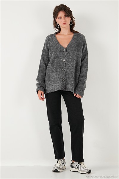 Oversize Fit Düğmeli V Yaka Uzun Kollu Triko Kadın Hırka 4616232 ANTRASİT