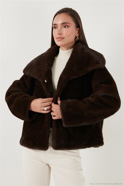 Oversize Fit Geniş Yaka Astarlı Kadın Kürk 497AFRA KAHVE