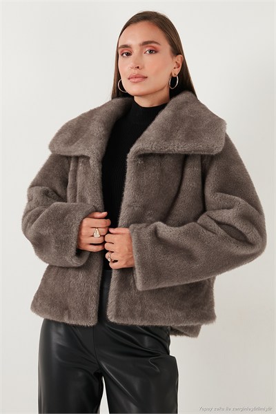 Oversize Fit Geniş Yaka Astarlı Kadın Kürk 497AFRA GRİ
