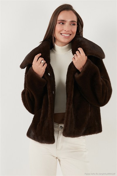 Oversize Fit Geniş Yaka Astarlı Kadın Kürk 497AFRA KAHVE