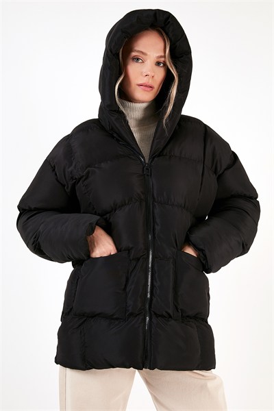 Oversize Fit Kapüşonlu Şişme Kadın Mont 640Y047 SİYAH