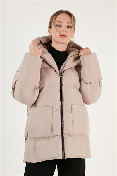 Oversize Fit Kapüşonlu Şişme Kadın Mont 640Y047 TAŞ