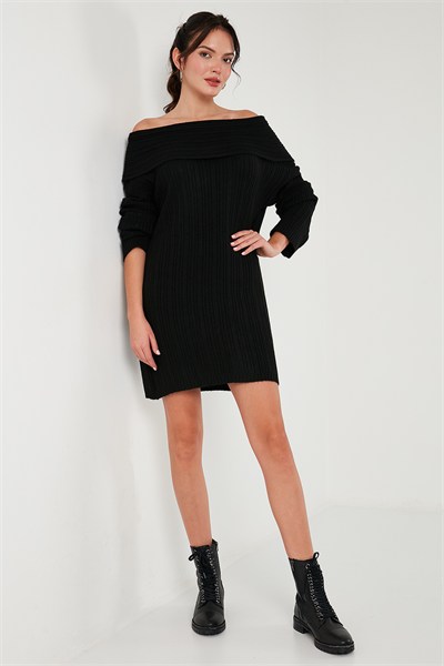 Oversize Fit Kayık Yaka Uzun Kollu Mini Triko Kadın Elbise 4615218 SİYAH