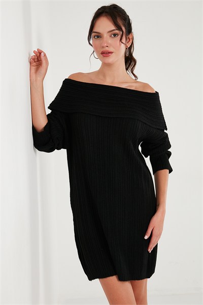 Oversize Fit Kayık Yaka Uzun Kollu Mini Triko Kadın Elbise 4615218 SİYAH