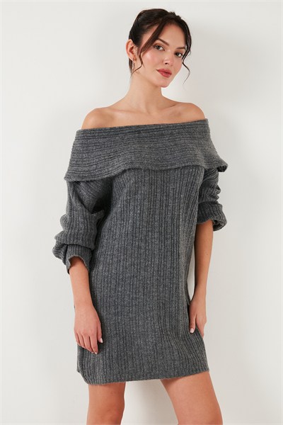 Oversize Fit Kayık Yaka Uzun Kollu Mini Triko Kadın Elbise 4615218 ANTRASİT