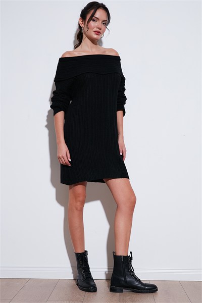 Oversize Fit Kayık Yaka Uzun Kollu Mini Triko Kadın Elbise 4615218 SİYAH