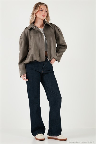 Oversize Fit Klasik Yaka Süet Dokulu Bomber Ceket Kadın Mont 6524932 HAKİ