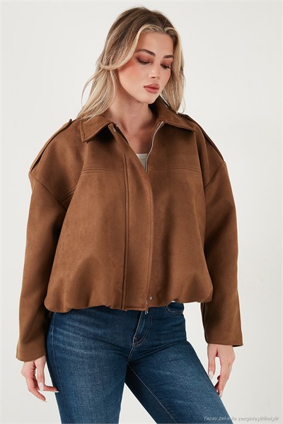 Oversize Fit Klasik Yaka Süet Dokulu Bomber Ceket Kadın Mont 6524932 TABA
