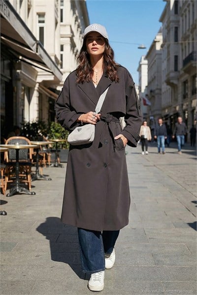 Oversize Fit Kruvaze Yaka Düğmeli Kemerli Uzun Kadın Trençkot 6839476 KOYU KAHVE