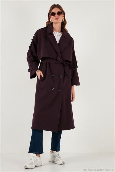 Oversize Fit Kruvaze Yaka Düğmeli Kemerli Uzun Kadın Trençkot 6839476 MÜRDÜM