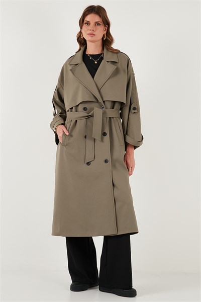 Oversize Fit Kruvaze Yaka Düğmeli Kemerli Uzun Kadın Trençkot 6839476 KARAMEL