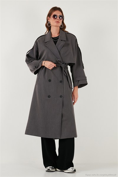 Oversize Fit Kruvaze Yaka Düğmeli Kemerli Uzun Kadın Trençkot 6839476 ANTRASİT