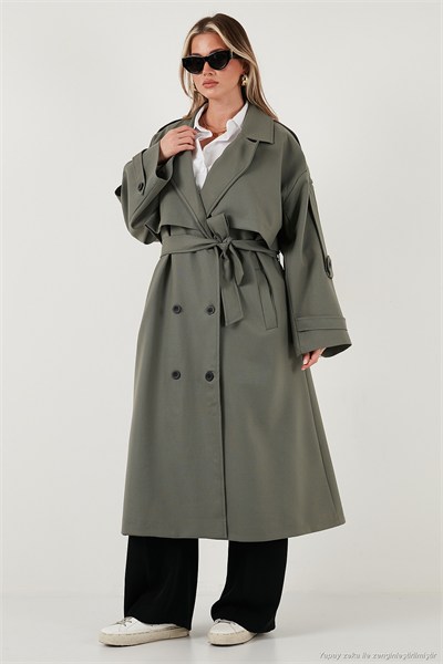 Oversize Fit Kruvaze Yaka Düğmeli Kemerli Uzun Kadın Trençkot 6839476 HAKİ