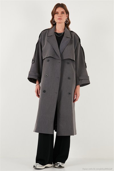 Oversize Fit Kruvaze Yaka Düğmeli Kemerli Uzun Kadın Trençkot 6839476 ANTRASİT