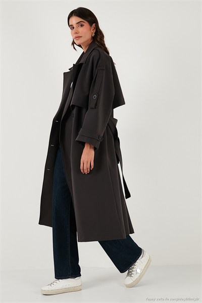 Oversize Fit Kruvaze Yaka Düğmeli Kemerli Uzun Kadın Trençkot 6839476 KOYU KAHVE